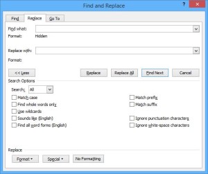 Find and Delete Hidden Text Replace Dialog box.