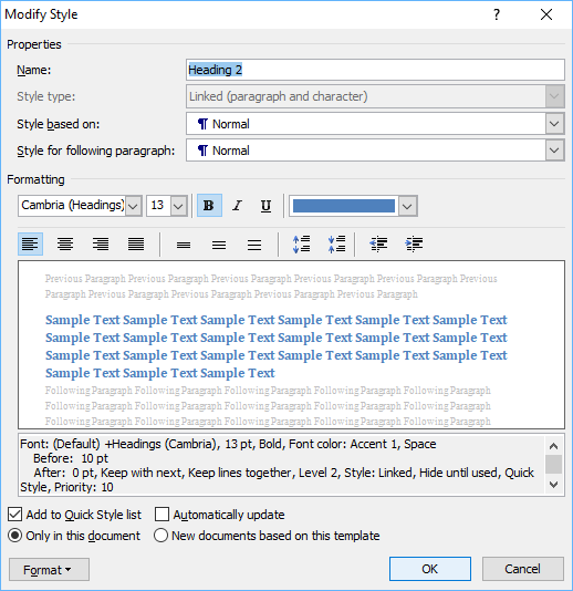 Microsoft Word Modify Styles dialog box.