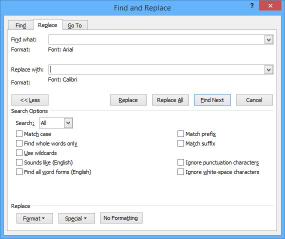 Find and replace formatting in Micosoft Word.
