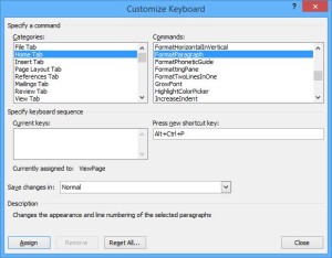 Word customize keyboard dialog box.