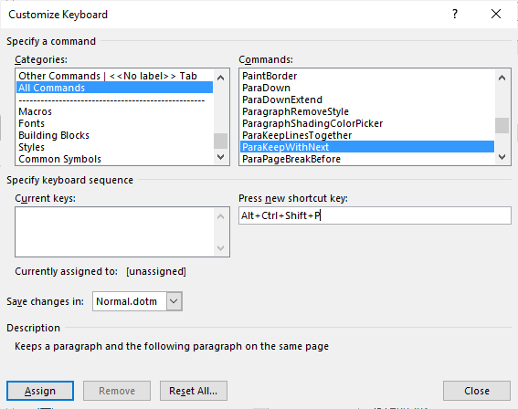 Assign keyboard shortcut to keep with next in Word options.