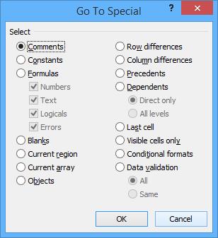 Go to Special dialog box in Excel.