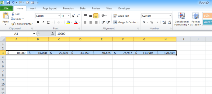 Autofill series in Excel showing growth trend.