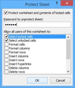 Protect Sheet dialog box in Excel to hide formulas.