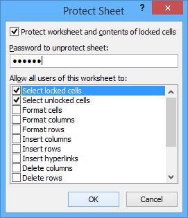Excel dialog box to protect sheet and lock cells.