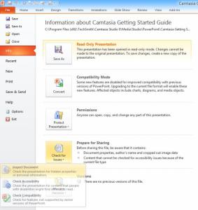 PowerPoint 2010 Check for Issues command.