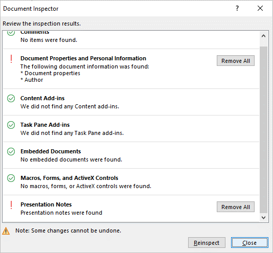 Remove all notes in PowerPoint using the Inspector.