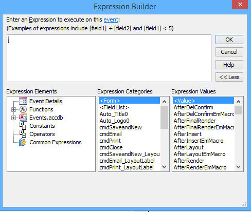 Microsoft Access Expression Builder dialog.