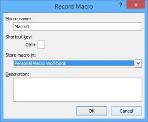 Microsoft Excel Macro Recorder dialog box.