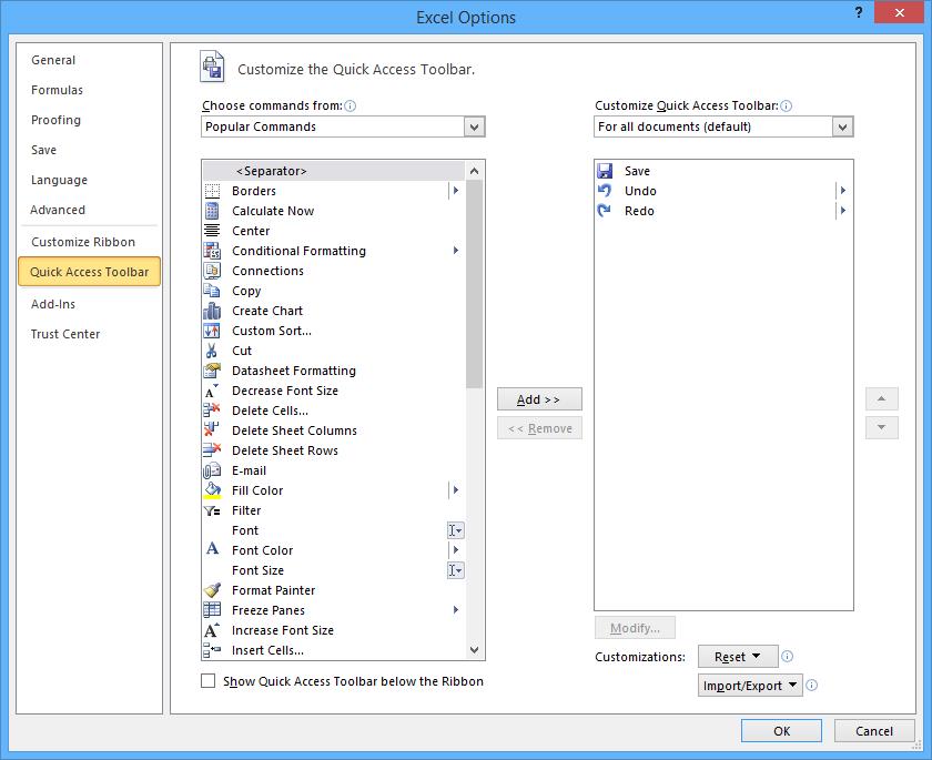 Custom Quick Access Toolbar dialog in Microsoft Excel.