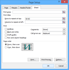Print Titles in Page Setup dialog box in Microsoft Excel 2010.