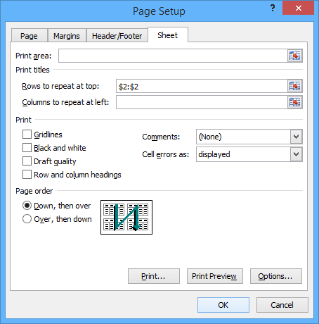Print Titles in Page Setup dialog box in Microsoft Excel 2010.