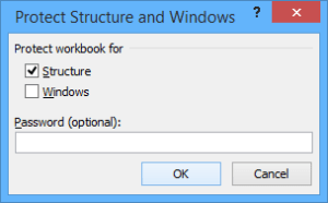 Microsoft Excel protect structure dialog box.