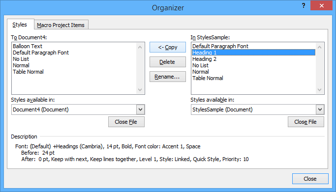 Organizer in Microsoft Word used to import styles from another document.