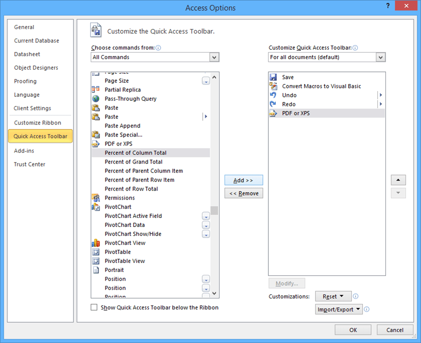 Microsoft Access customizing the Quick Access Toolbar to add PDF button to export a report.