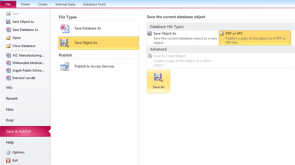 Save report as PDF using File tab in Microsoft Access.