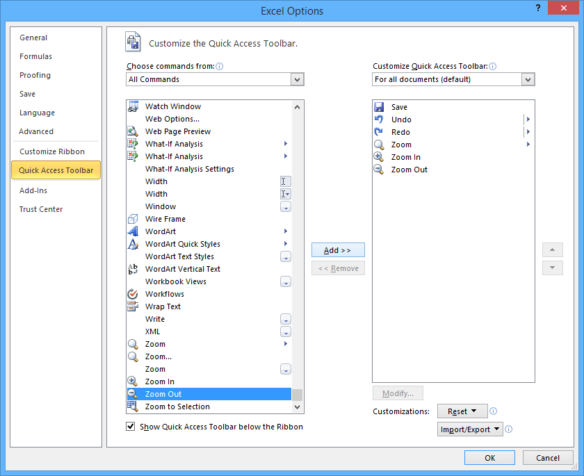 Excel Options dialog box to add zoom shortcuts to Quick Access Toolbar.