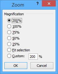 Excel zoom dialog box to choose zoom levels.