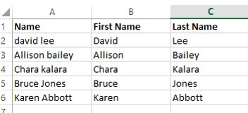 Using Flash Fill to extract first and last names in Microsoft Excel.
