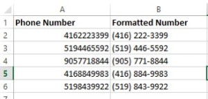 Flash Fill in Excel for formatting phone numbers.