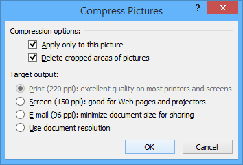Compress pictures dialog box in Microsoft Word.