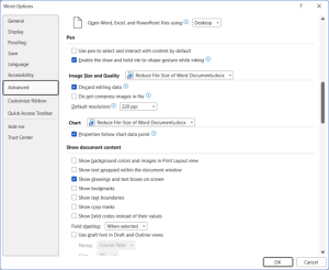 Image size and quality settings in Word options dialog box including discard editing data.