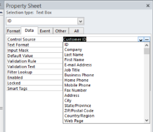 Microsoft Access properties for control source.
