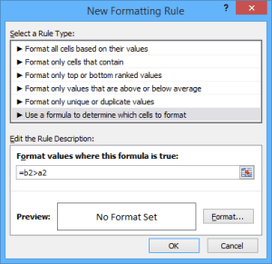 Conditional formatting dialog box in Excel.