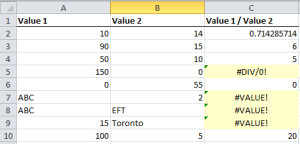 Sample with conditional formatting in Excel to highlight errors.
