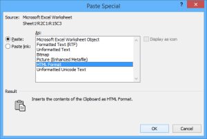 Microsoft Word inserting Excel data Paste Special dialog box for HTML format.