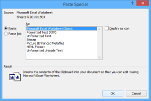 Microsoft Word paste special linked OLE object with Excel data.