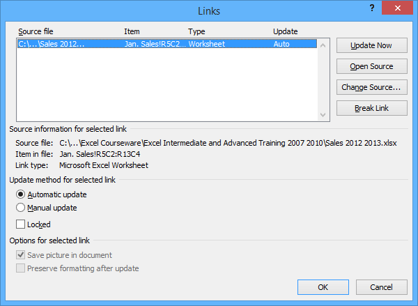 Microsoft Word updating links dialog box.