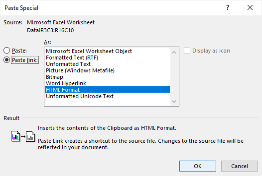 Paste Special dialog box in Word to insert and link to an Excel file in a Word table.