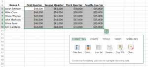 Microsoft Excel Quick Analysis Tool when click on Smart Tag.