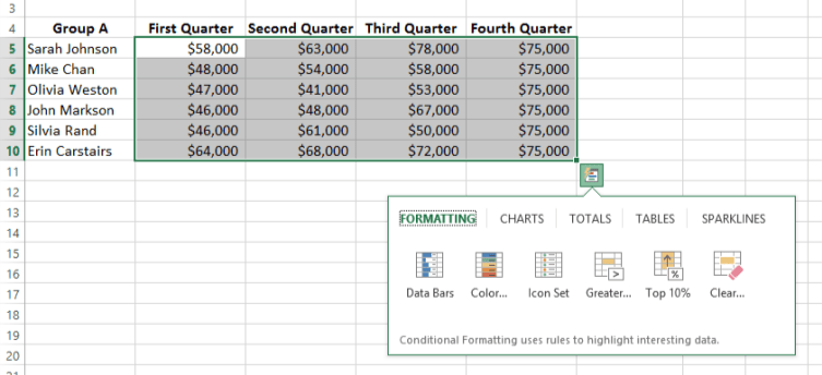 Select the Smart Tag in Excel to display the Quick Analysis tool to sum data.
