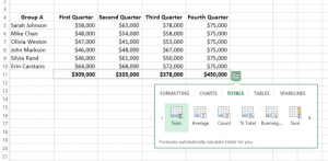 Microsoft Excel Quick Analysis totals option below range.