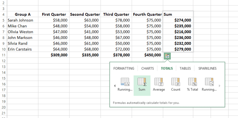 Excel Quick Analysis tool to total to the right of a range.