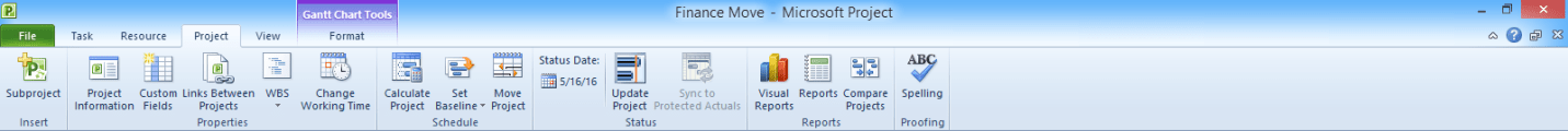 Microsoft Project 2010 Project tab on the Ribbon.