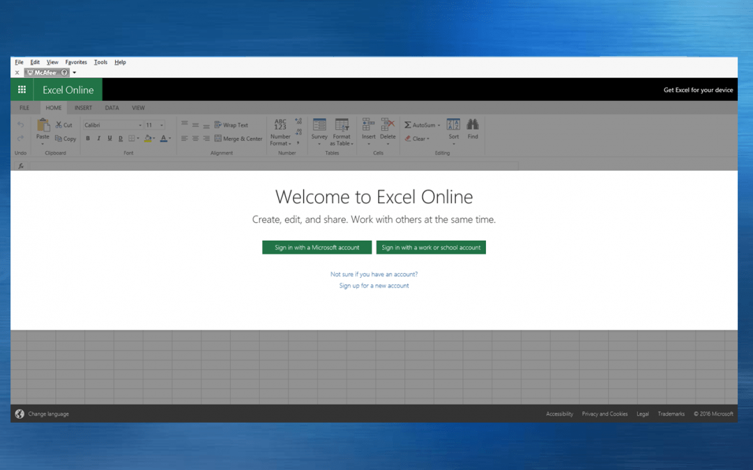 Access Microsoft Excel online log in screen.
