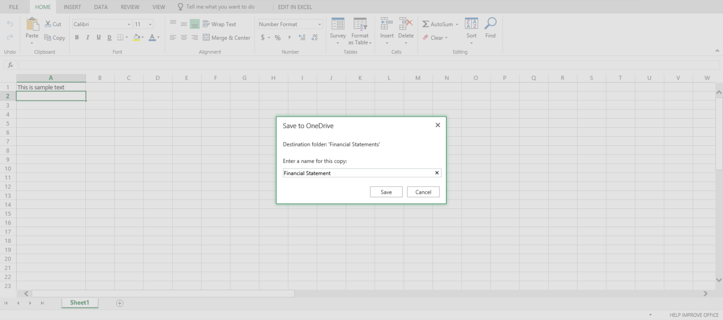 Microsoft Excel Online saving to a OneDrive folder.