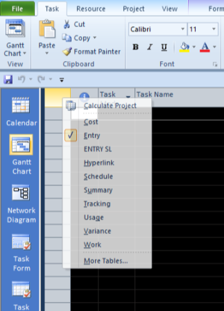 Applying tables to a view using a menu in MS Project.