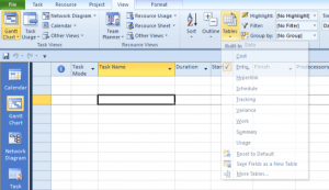 Apply tables to a view in MS Project using the Ribbon.