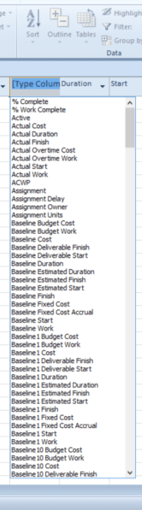 Renaming a column in a table in MS Project.
