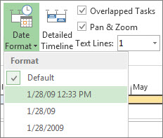 Changing the date format in a timeline in Microsoft Project.