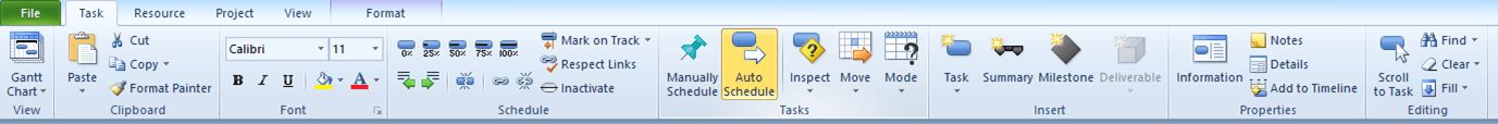 Micrososft Project task tab in the Ribbon with Add to Timeline.
