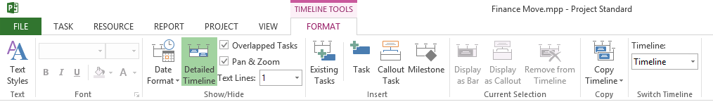 Timeline tools in Microsoft Project.