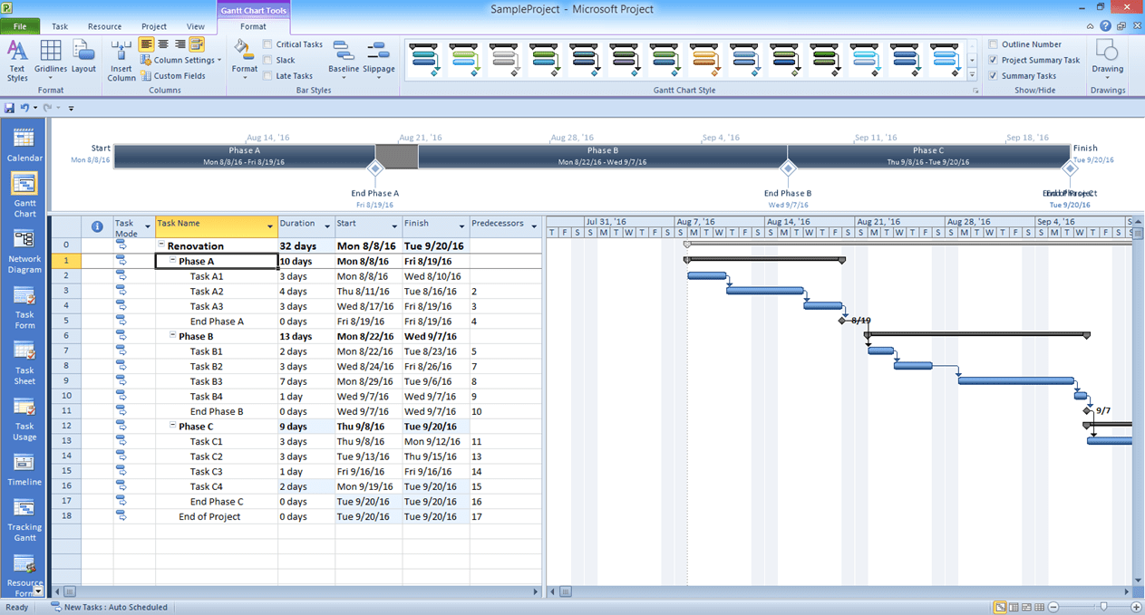 Project with a timeline in Microsoft Project.