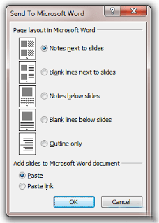 Dialog box in PowerPoint when exporting notes to Word and choosing format.