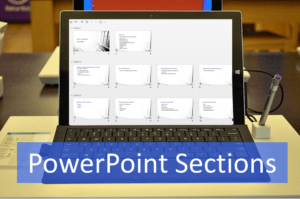 Insert, move and rename sections in PowerPoint represented by laptop.