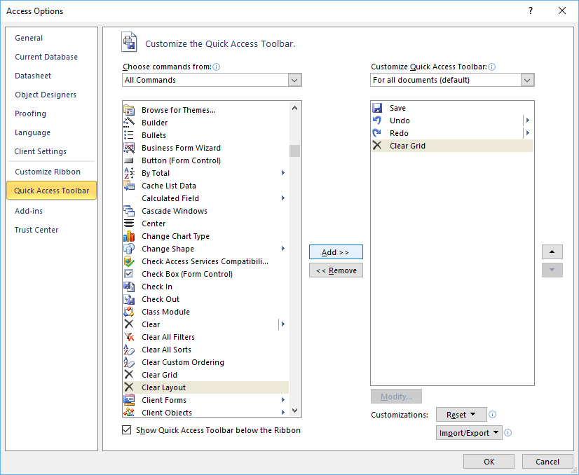 Adding buttons to the Quick Access toolbar in the Options dialog box in Microsoft Access.